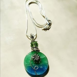 Wire Wrapped Blue Agate Stone Pendant On Sterling Silver Chain Necklace 20"